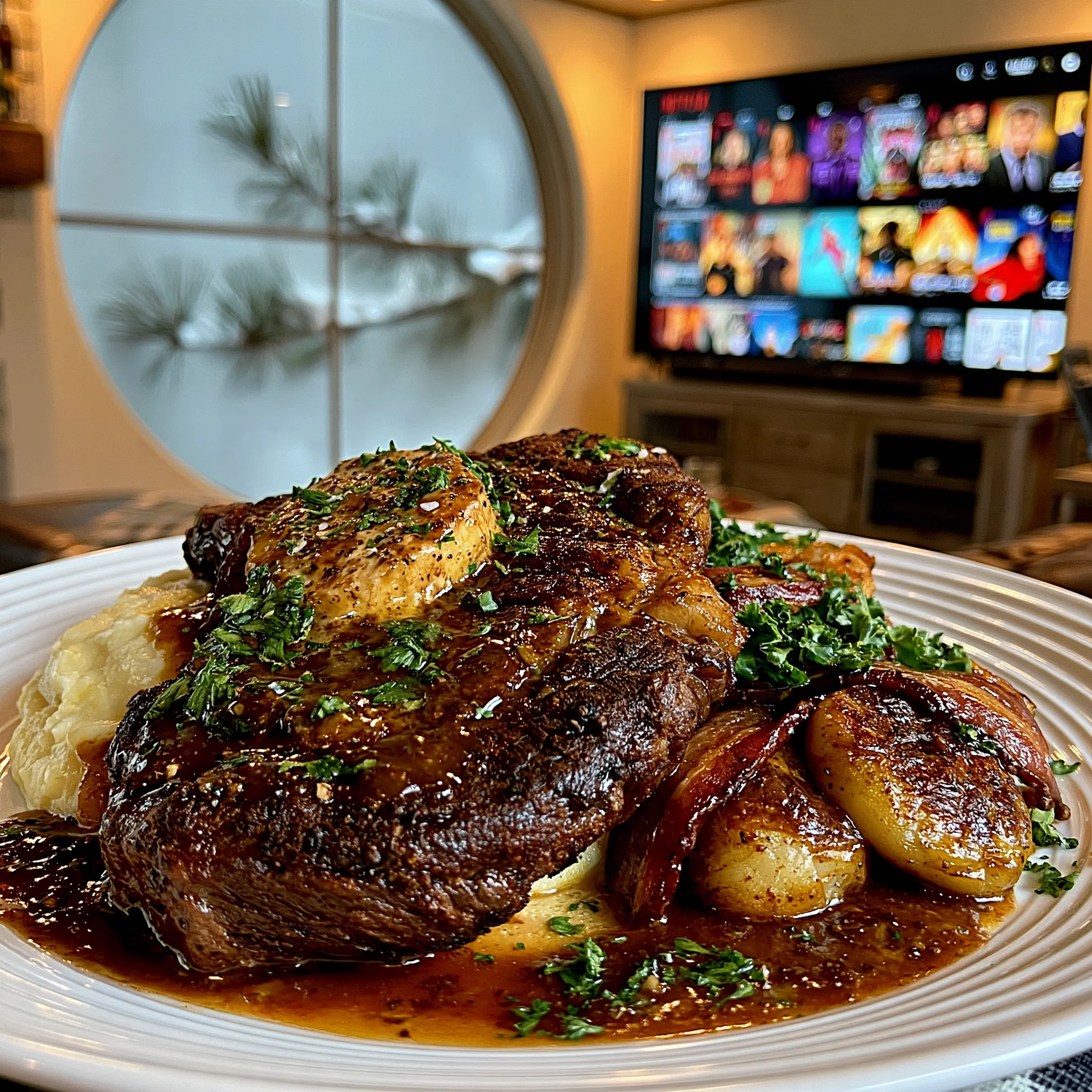 Toasted Allspice and Cracked White Peppercorn-Crusted Beef Ribeye with Smoked Black Garlic Butter