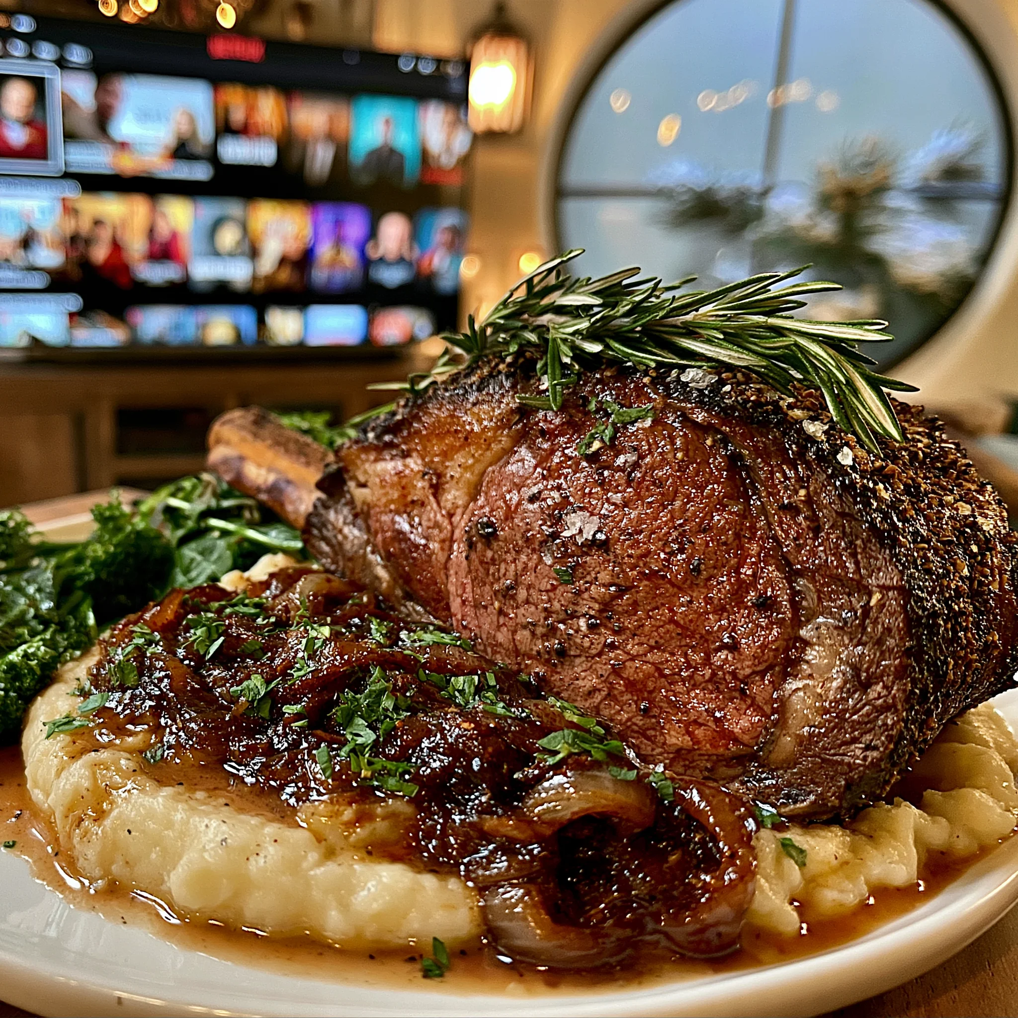 Toasted Anise and Cracked Tellicherry Pepper-Crusted Prime Rib with Caramelized Onion and Smoked Paprika Butter