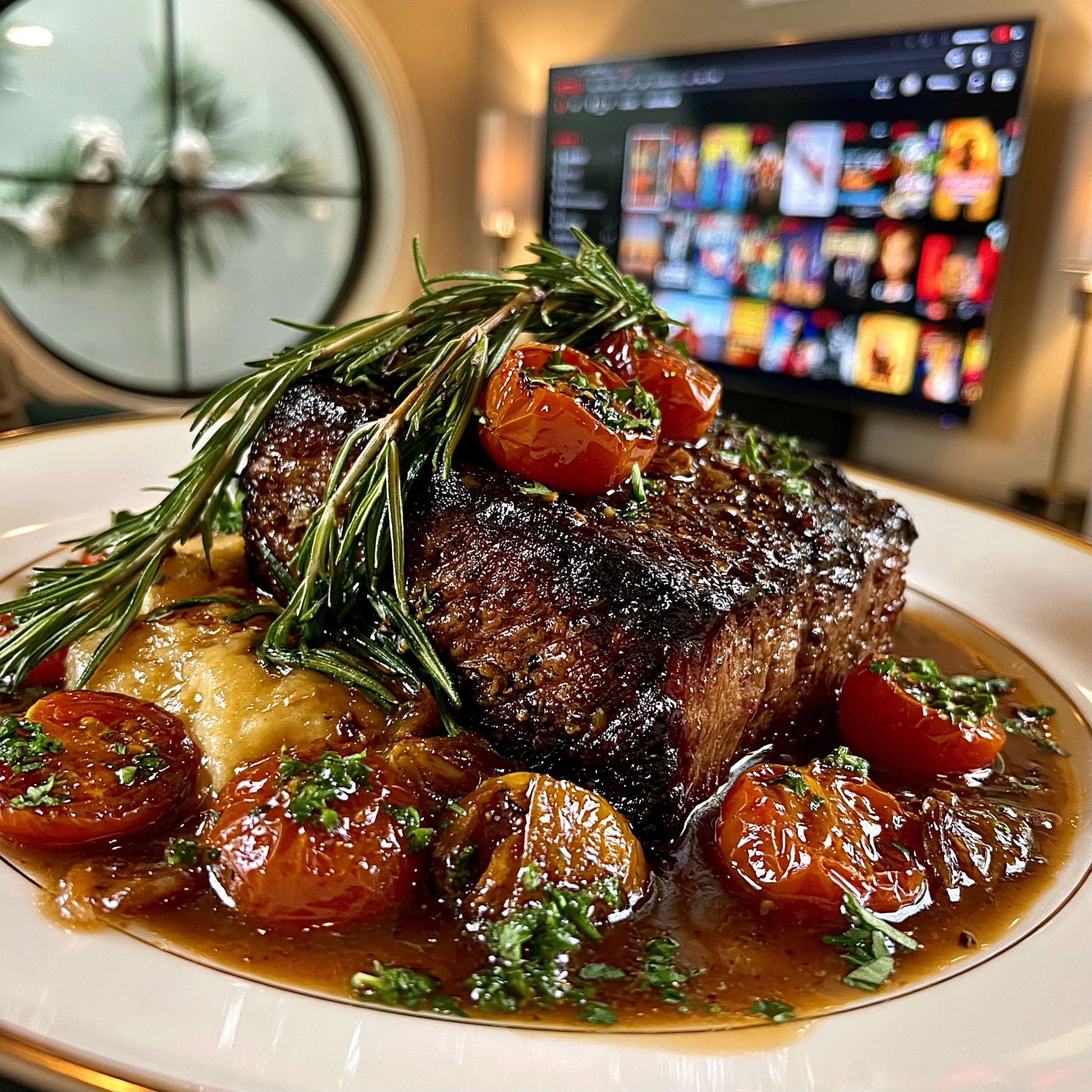 Toasted Caraway and Cracked Grains of Paradise-Crusted Beef Coulotte with Roasted Cherry Tomato and Confit Garlic Jus