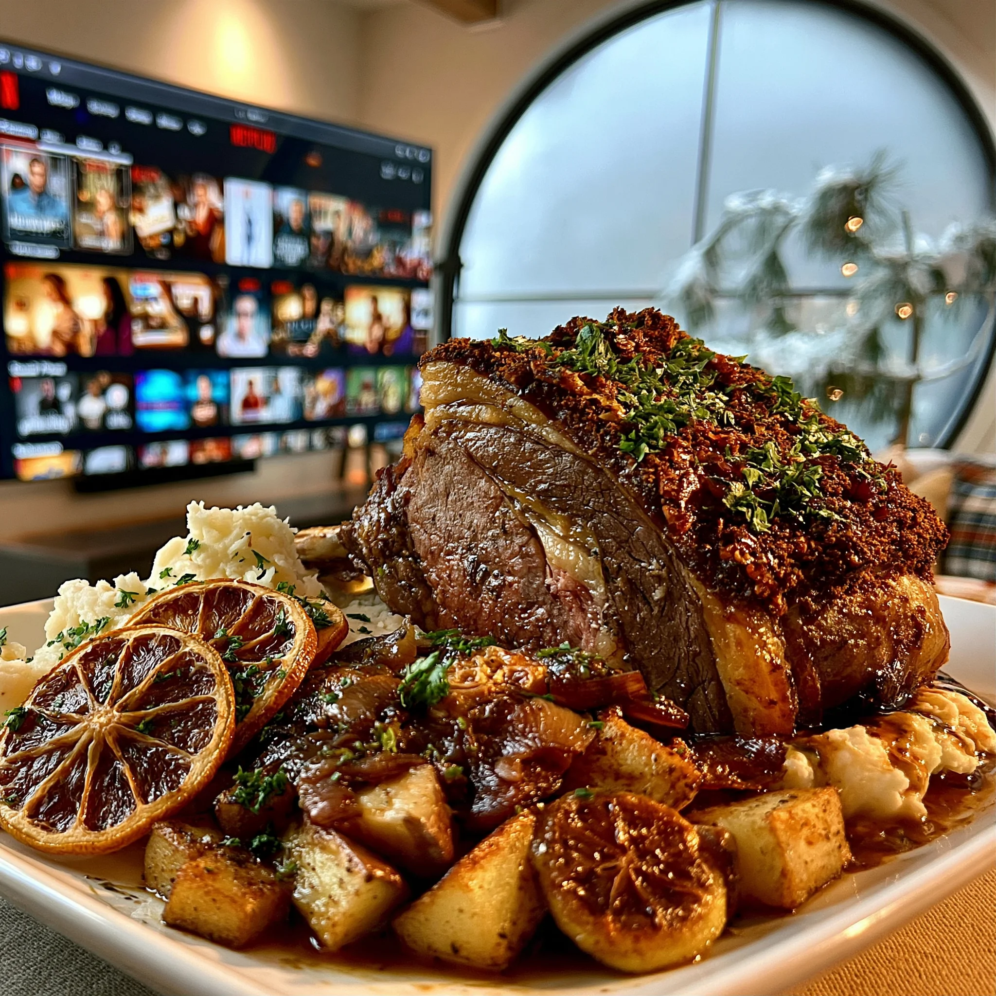 Toasted Coriander and Dried Meyer Lemon Peel-Crusted Prime Rib with Herb-Infused Confit Butter