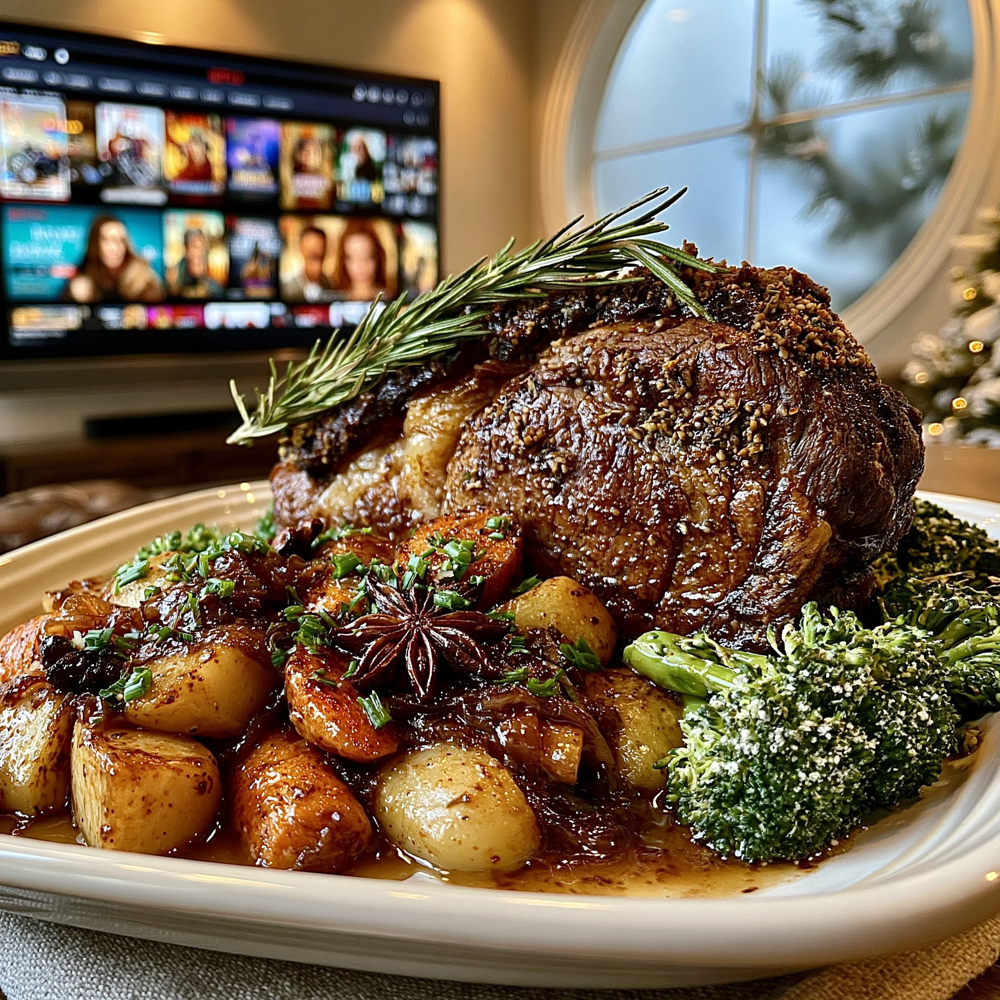 Toasted Fennel Seed and Smoked Star Anise-Crusted Prime Rib with Caramelized Onion Butter