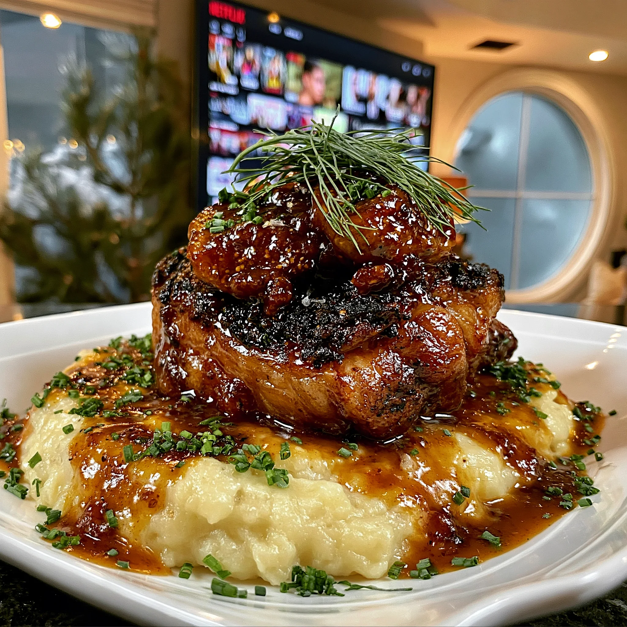 Toasted Fennel and Cracked Tellicherry Pepper-Crusted Lamb Shoulder with Silky Date and Fig Reduction Pan Gravy