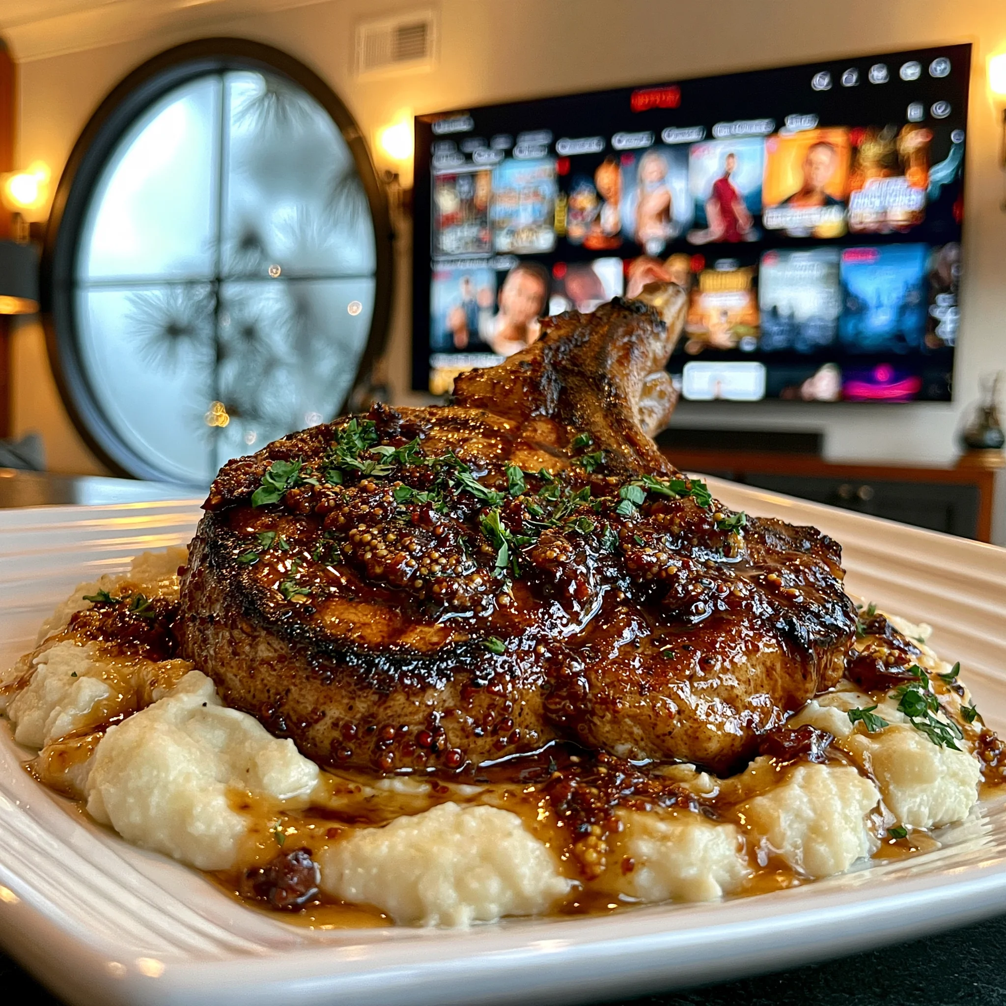 Toasted Mustard Seed and Cracked Pink Peppercorn-Crusted Veal Rib Chop with Black Garlic Confit Butter