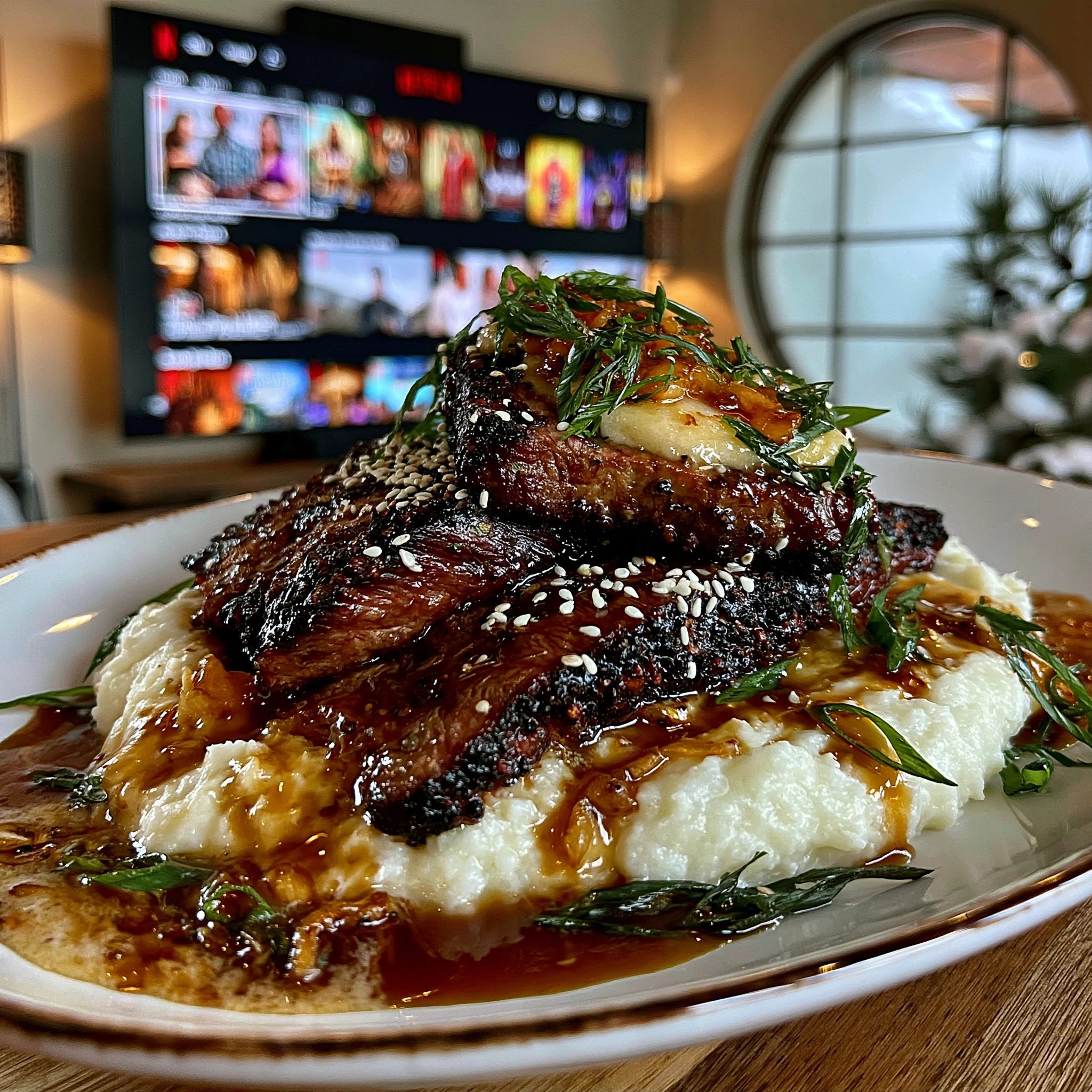 Toasted Sesame and Cracked Pink Peppercorn-Crusted Beef Flank Steak with Ginger and Scallion-Infused Sesame Butter