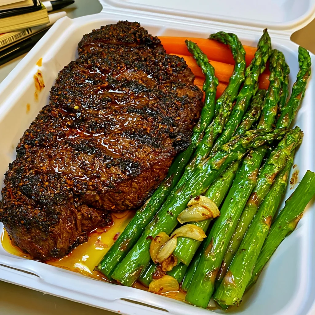 Toasted Sesame and Sichuan Peppercorn-Crusted Ribeye Steak with Roasted Garlic Butter and Asparagus