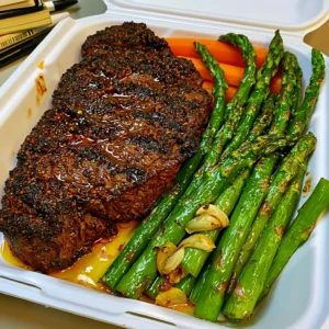 Toasted Sesame and Sichuan Peppercorn-Crusted Ribeye Steak with Roasted Garlic Butter and Asparagus