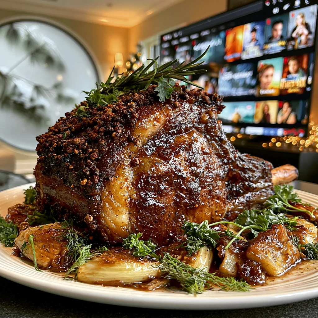 Verjuice-Glazed Toasted Fennel and Cracked Pink Peppercorn-Crusted Prime Rib with Caramelized Shallot Confit Butter