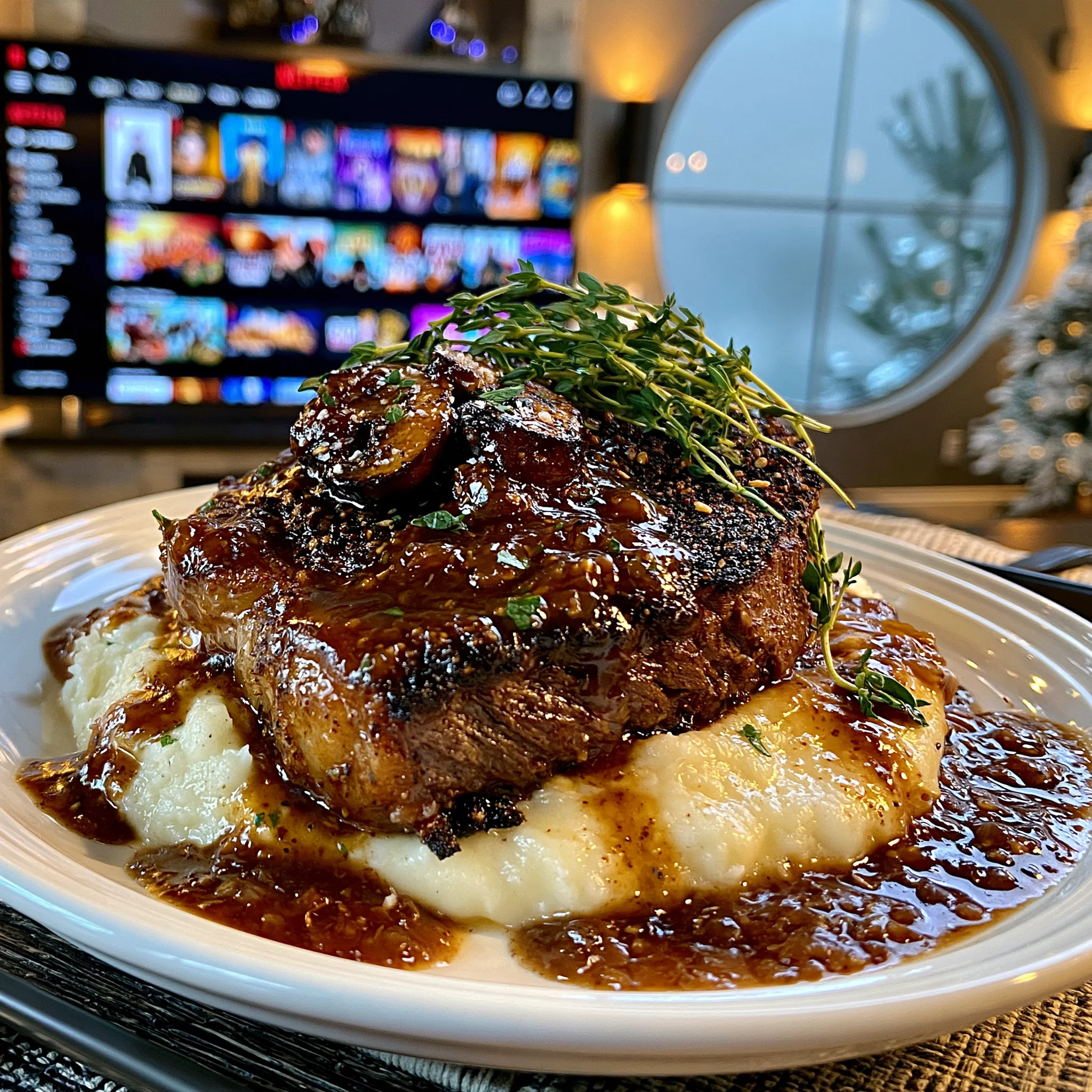 Za’atar and Toasted Sesame-Crusted Beef Ribeye with Velvety Roasted Garlic and Thyme Gravy